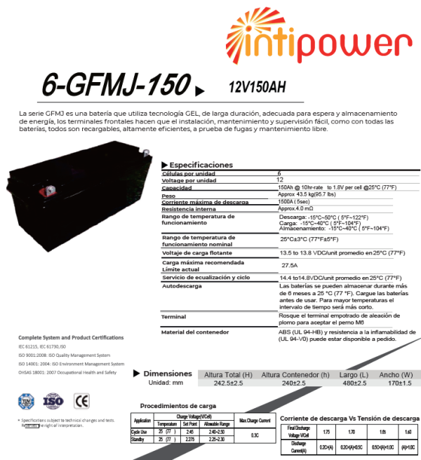 BATERIA GEL CICLO PROFUNDO 12V 150Ah‐INTIPOWER